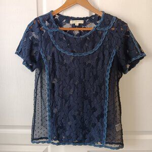 Comme Toi Women's Navy Blue Floral Lace Mesh Sheer Short Sleeve Blouse Size M